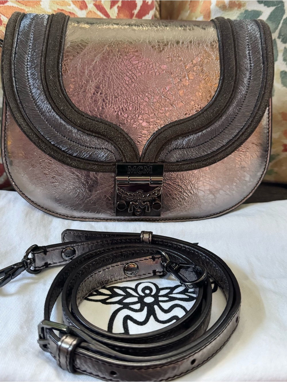 MCM Silver Laminated Trisha Crossbody with gunmetal hardware